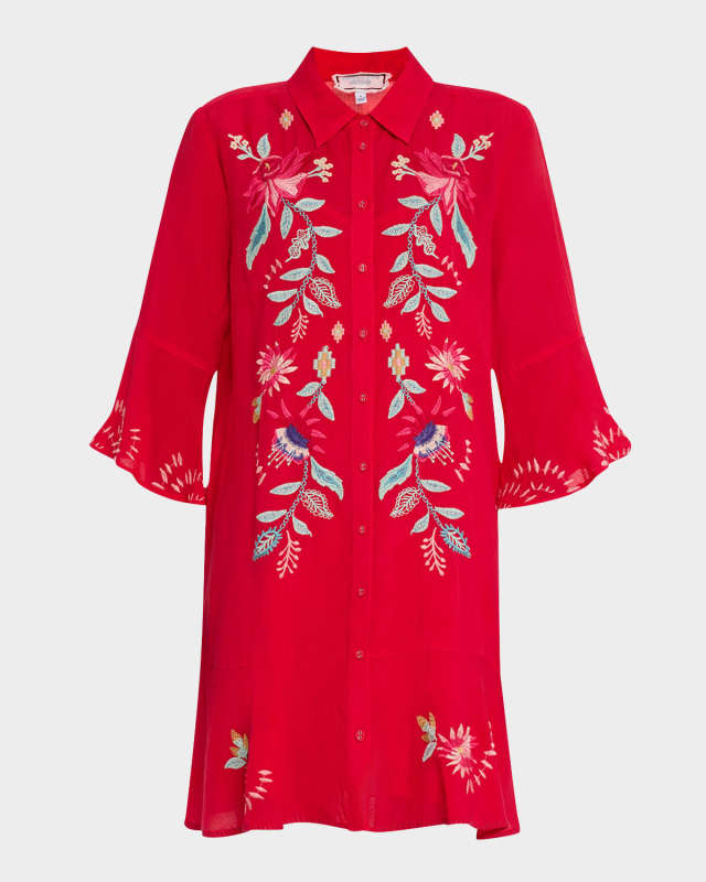 Floral-Embroidered Flounce Mini Shirtdress